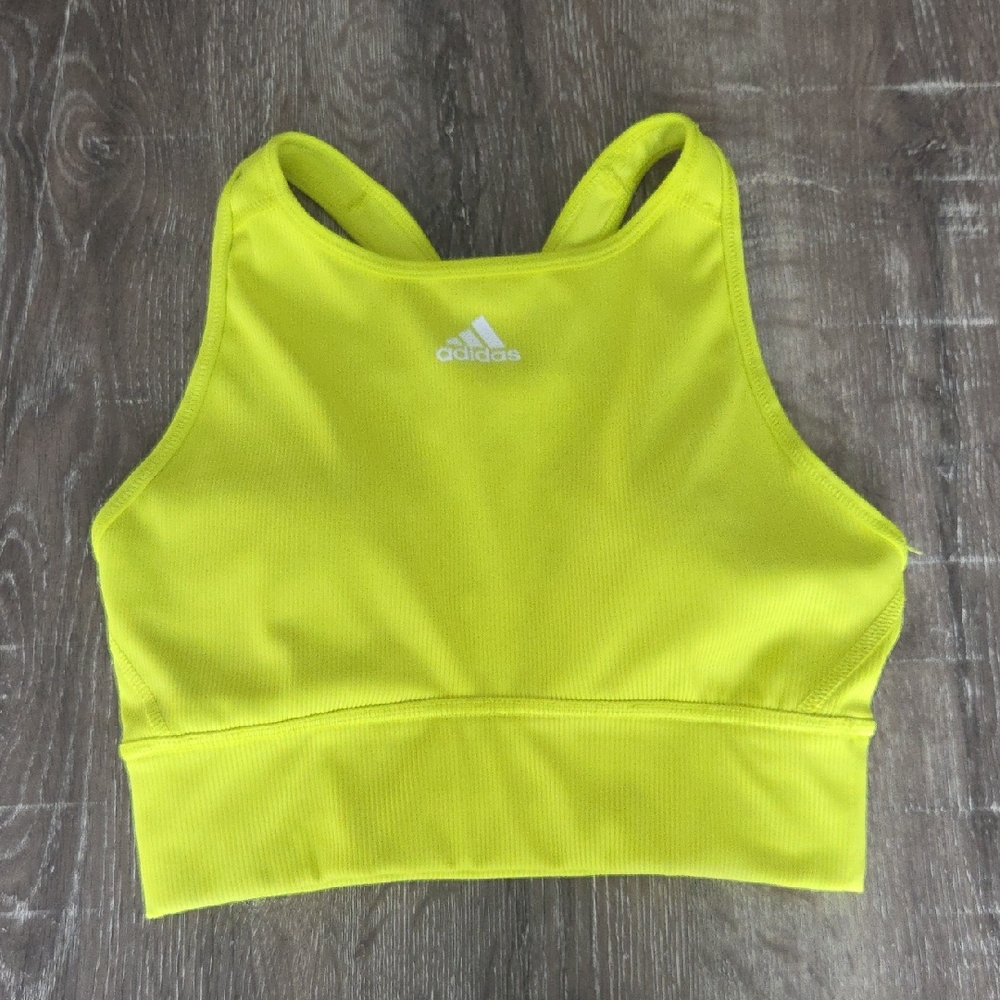 Adidas Ribbed Mix Longline Bra In Neon Yellow XS